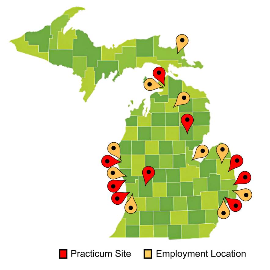 Map of the state of Michigan showing where students had their practicum versus where they are employed.